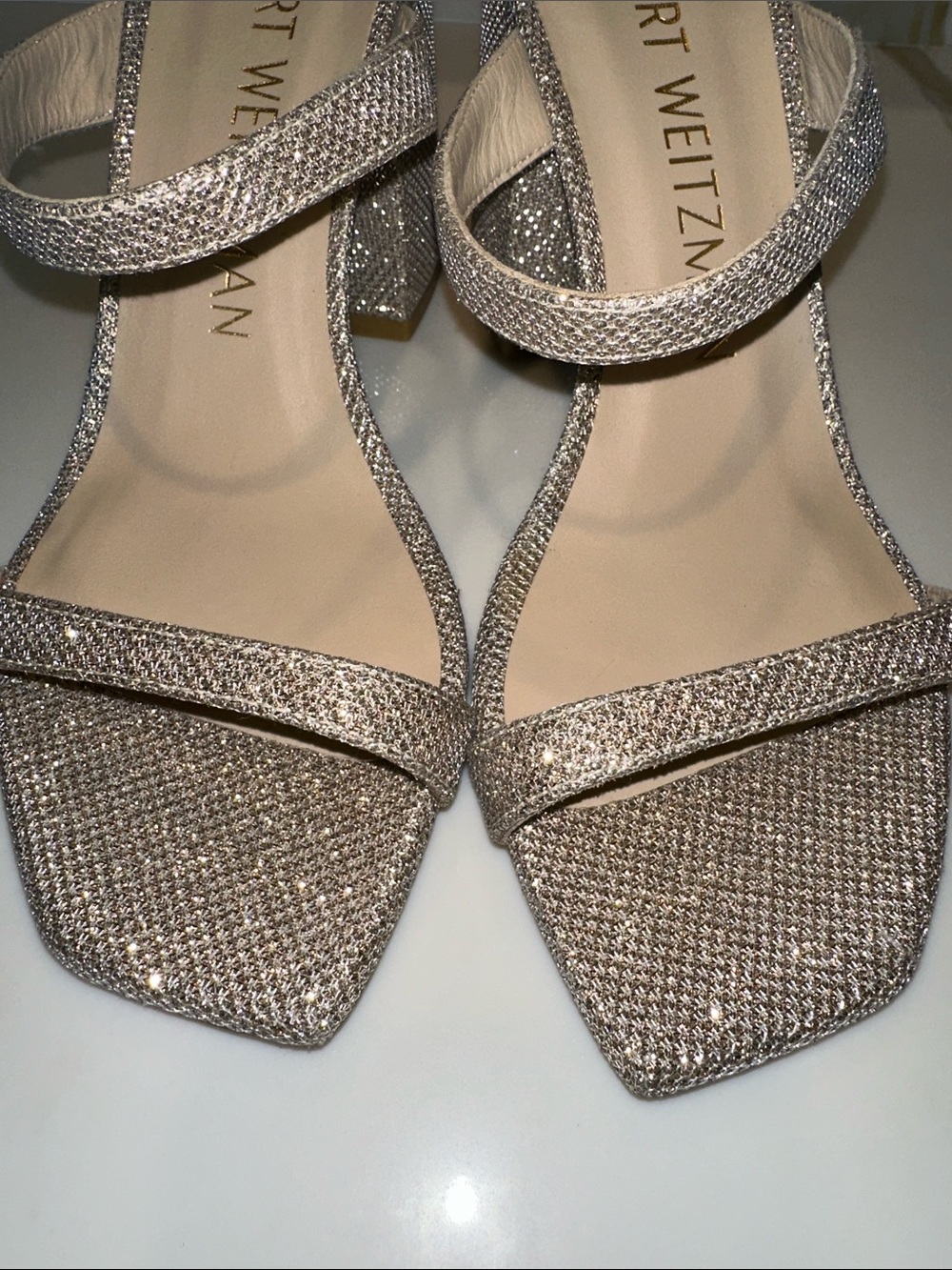 New Stuart Weitzman Glitter Strappy Mid Block Heel Sandals in Silver. Size 8B. - Picture 2 of 9